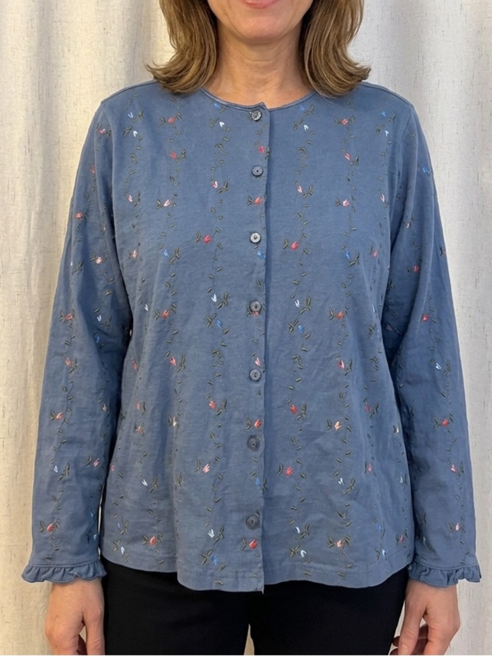 Denim & Co. 2X Blue Floral Embroidered Button-Front Top with Ruffle Cuffs